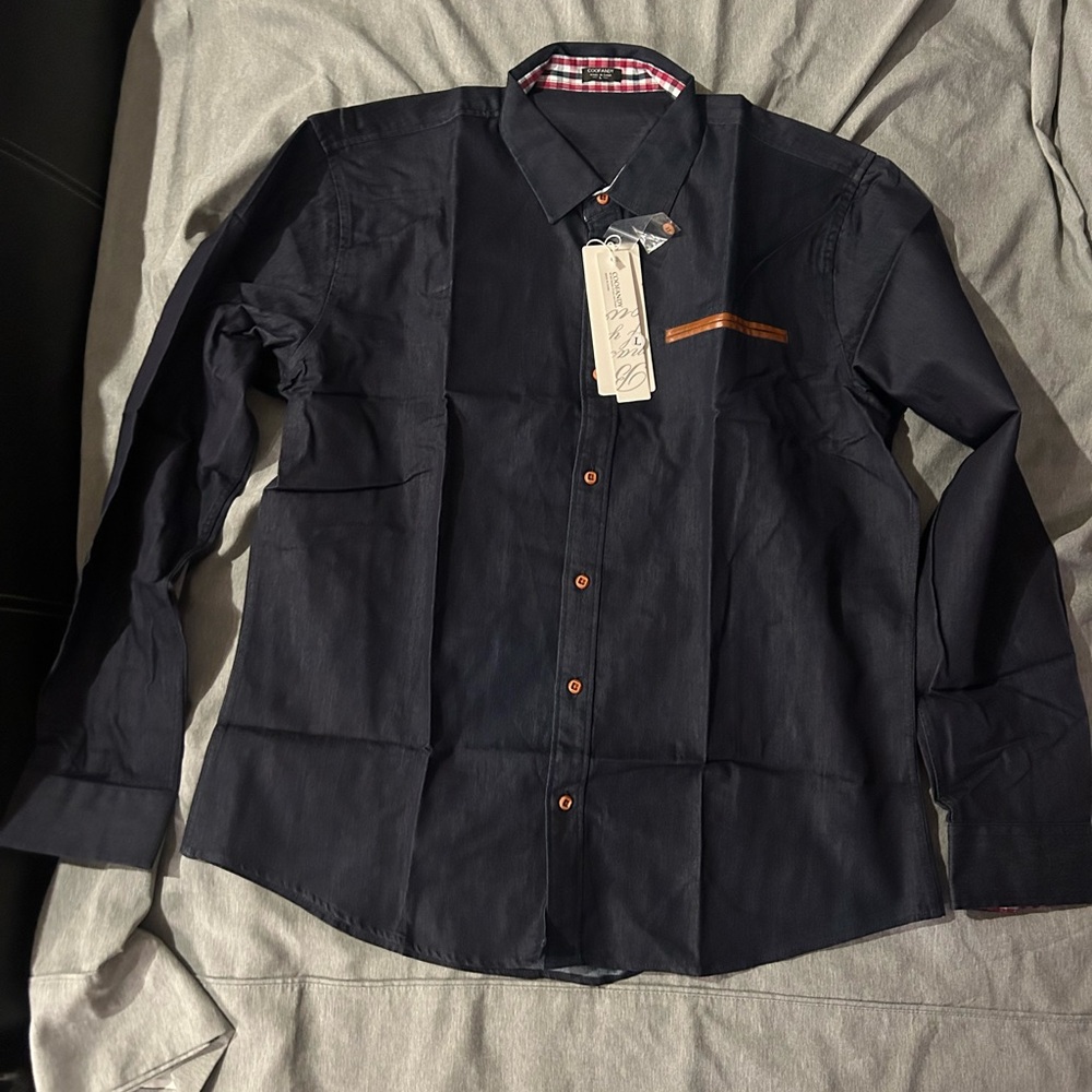 Men's Denim Button-Up Shirt with Brown Accents